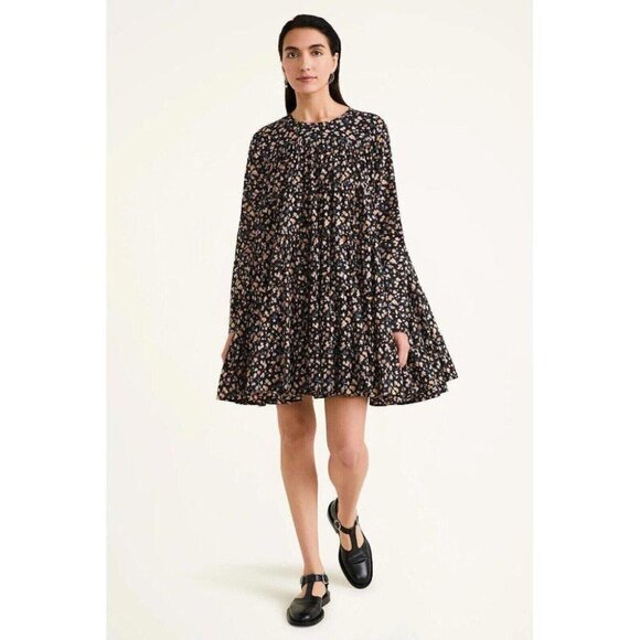 Merlette NYC Soliman Floral Printed Mini Dress Cotton Black Tiered XS New
